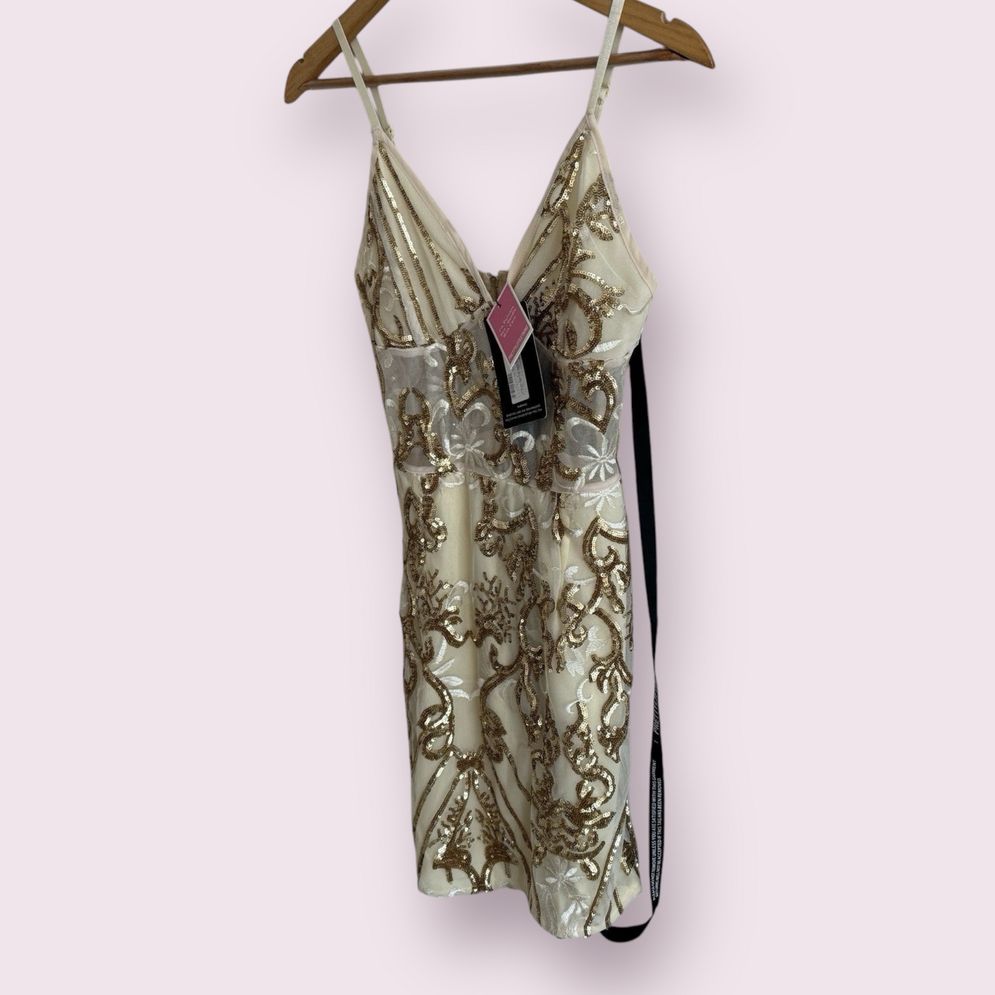 NEW PrettyLittleThing Gold Strappy Size 8 UK Sheer Panel Sequin Bodycon Dress