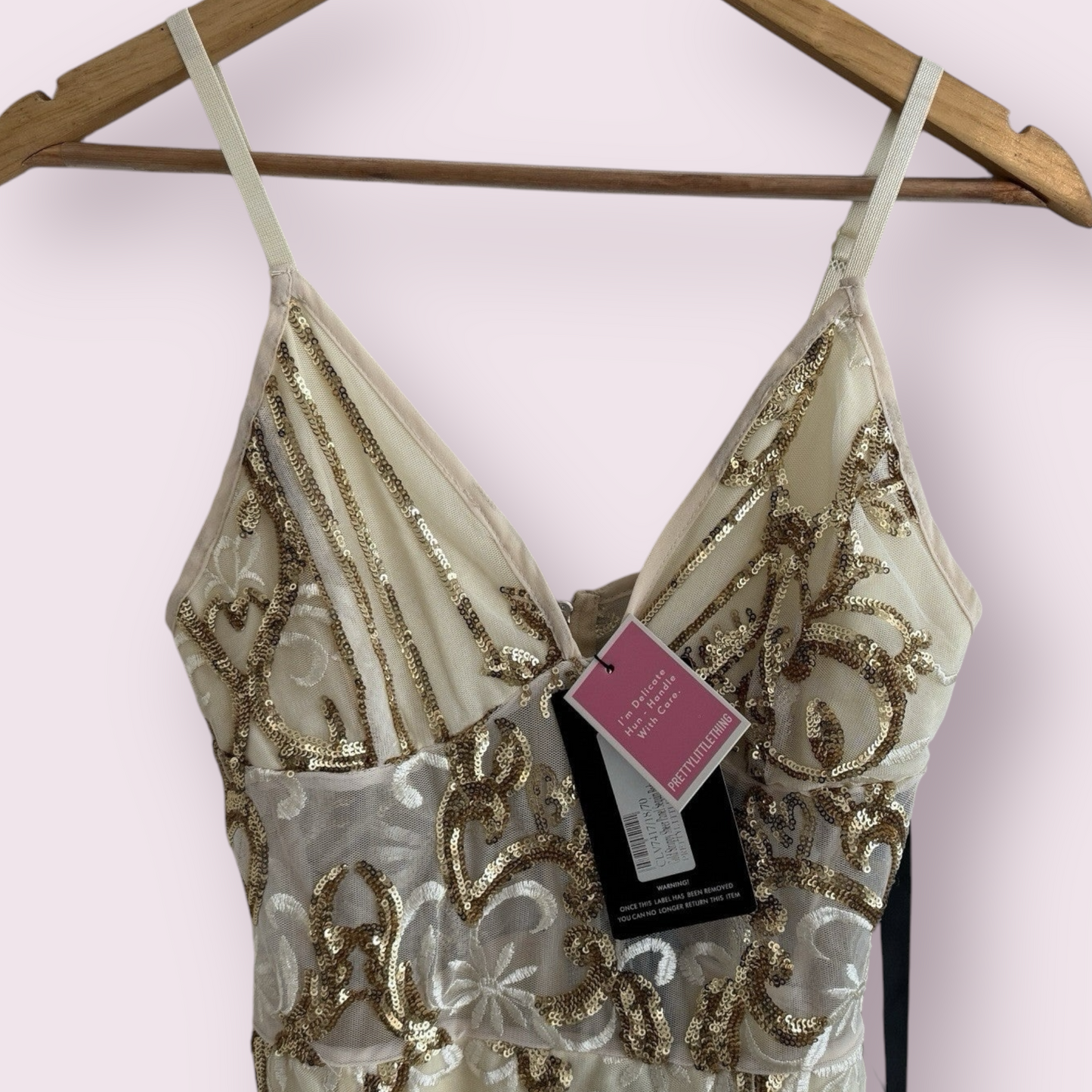 NEW PrettyLittleThing Gold Strappy Size 8 UK Sheer Panel Sequin Bodycon Dress