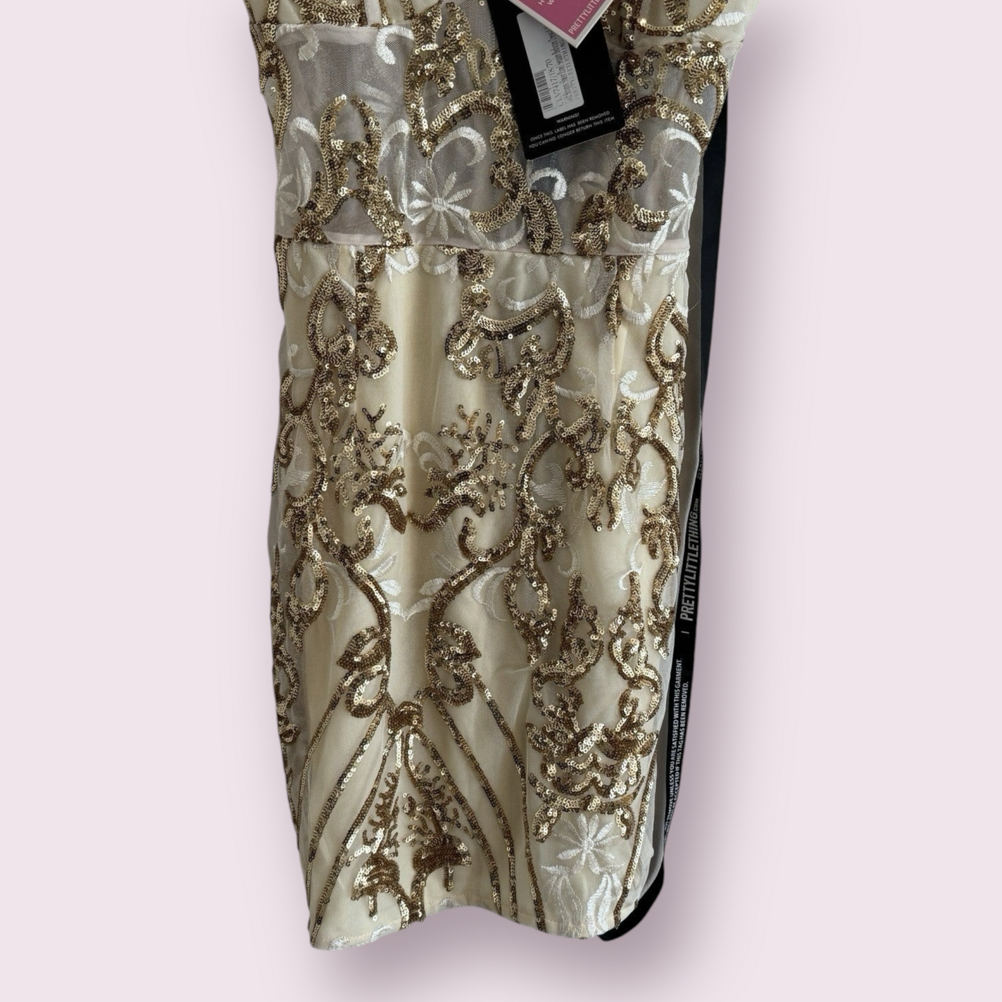 NEW PrettyLittleThing Gold Strappy Size 8 UK Sheer Panel Sequin Bodycon Dress