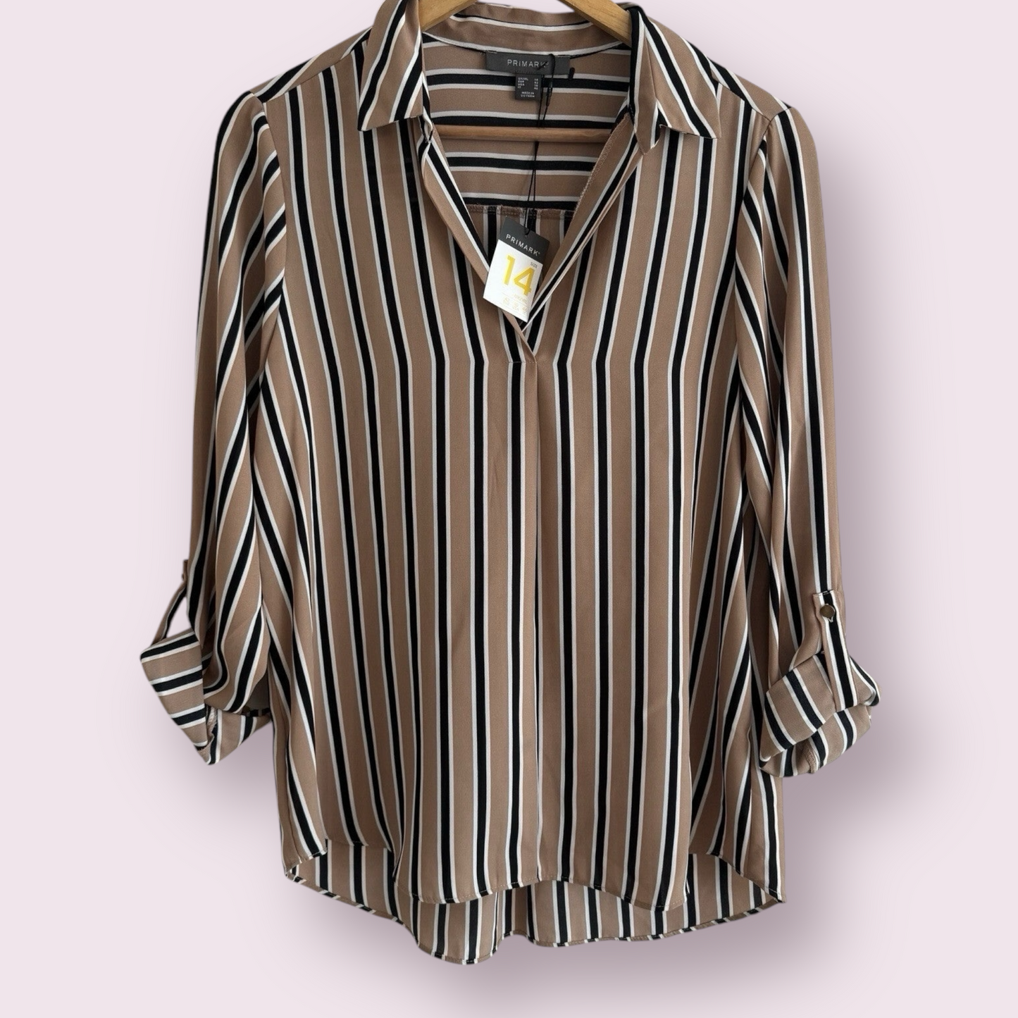 NEW Primark Camel Stripe Size 14 UK Roll Tab Sleeves V-Neck Collar Top