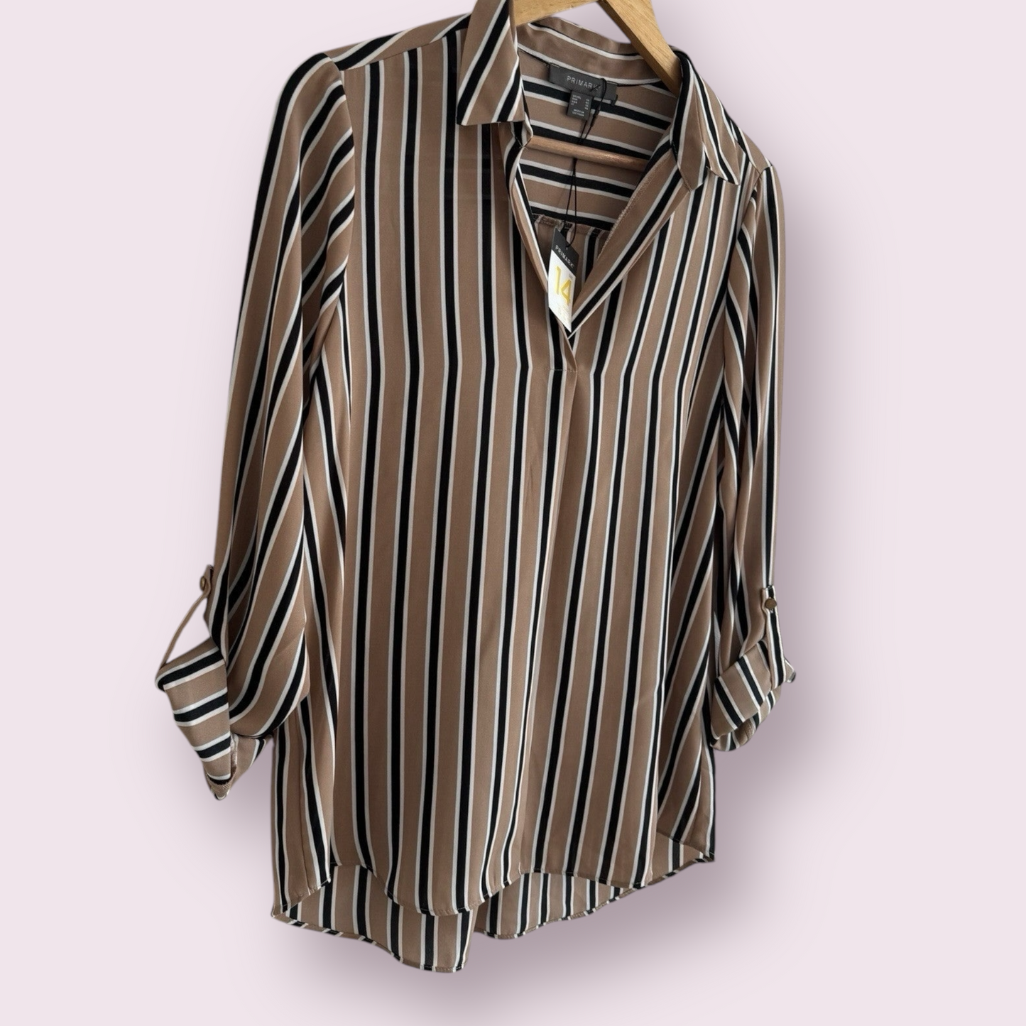 NEW Primark Camel Stripe Size 14 UK Roll Tab Sleeves V-Neck Collar Top