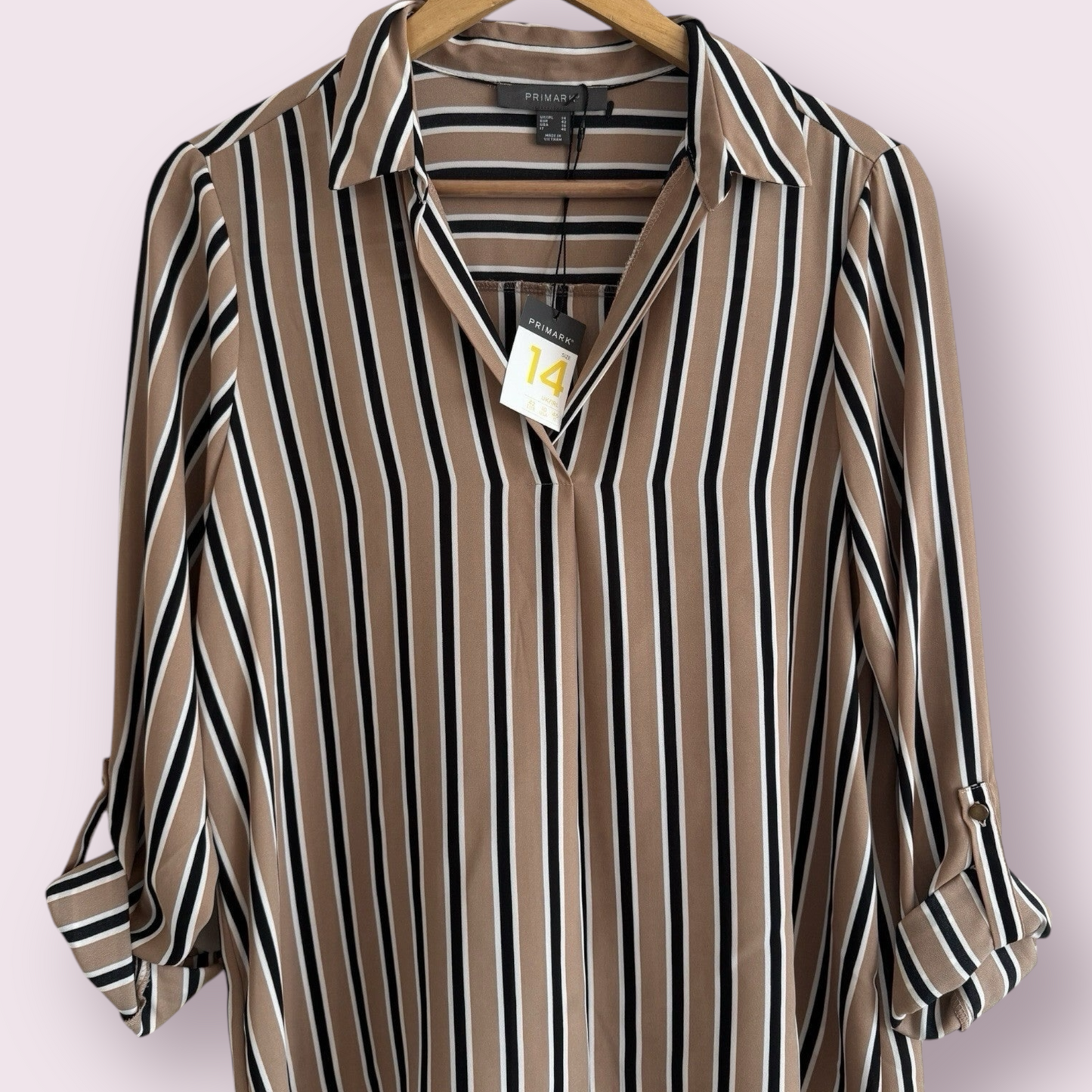 NEW Primark Camel Stripe Size 14 UK Roll Tab Sleeves V-Neck Collar Top