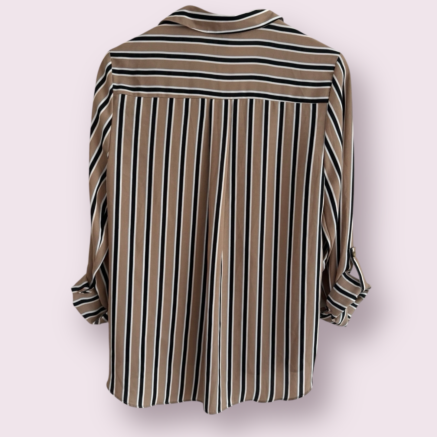 NEW Primark Camel Stripe Size 14 UK Roll Tab Sleeves V-Neck Collar Top