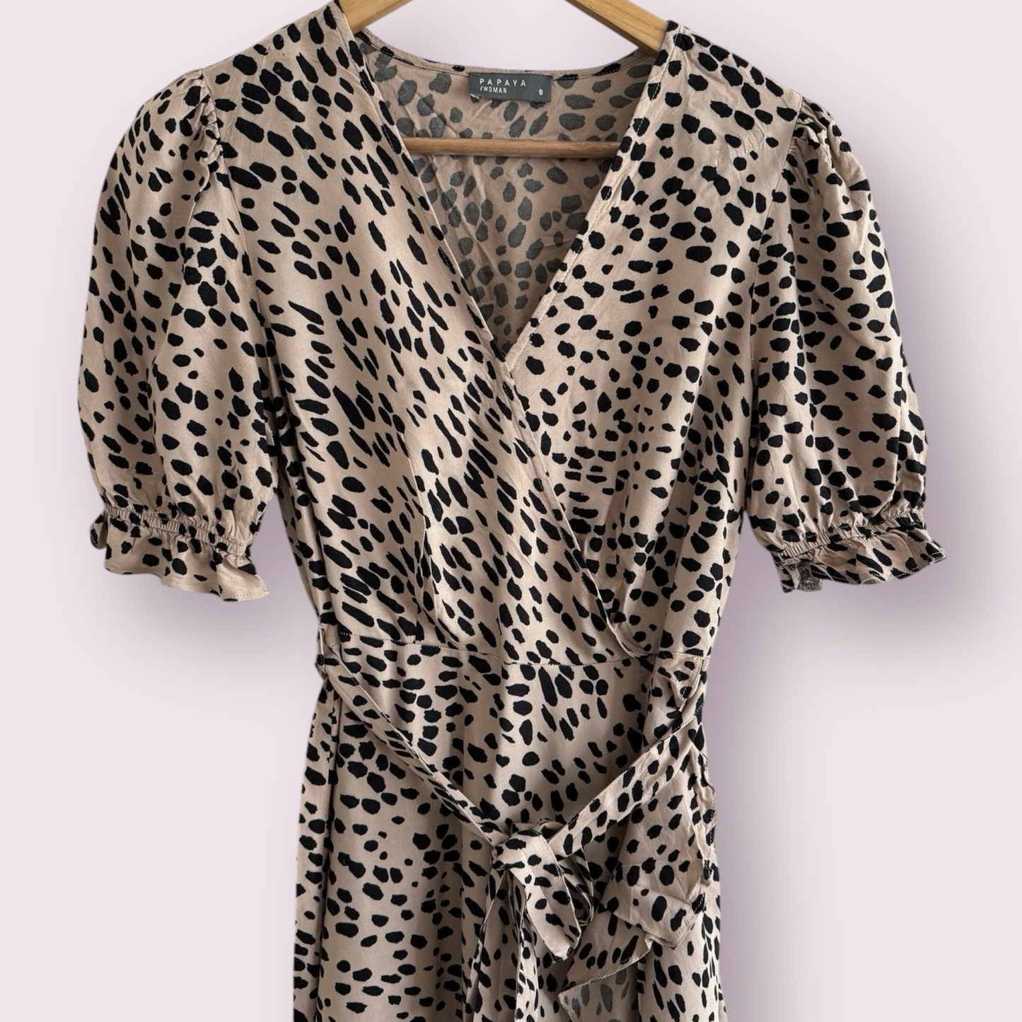 Papaya Natural Animal Print Size 8 UK Short Sleeve Faux Wrap Dress