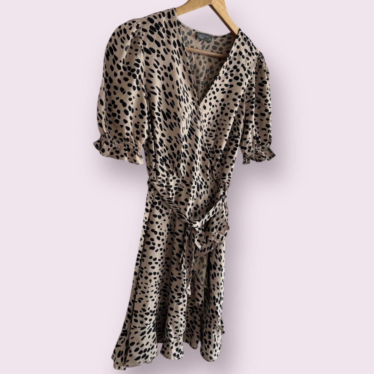 Papaya Natural Animal Print Size 8 UK Short Sleeve Faux Wrap Dress