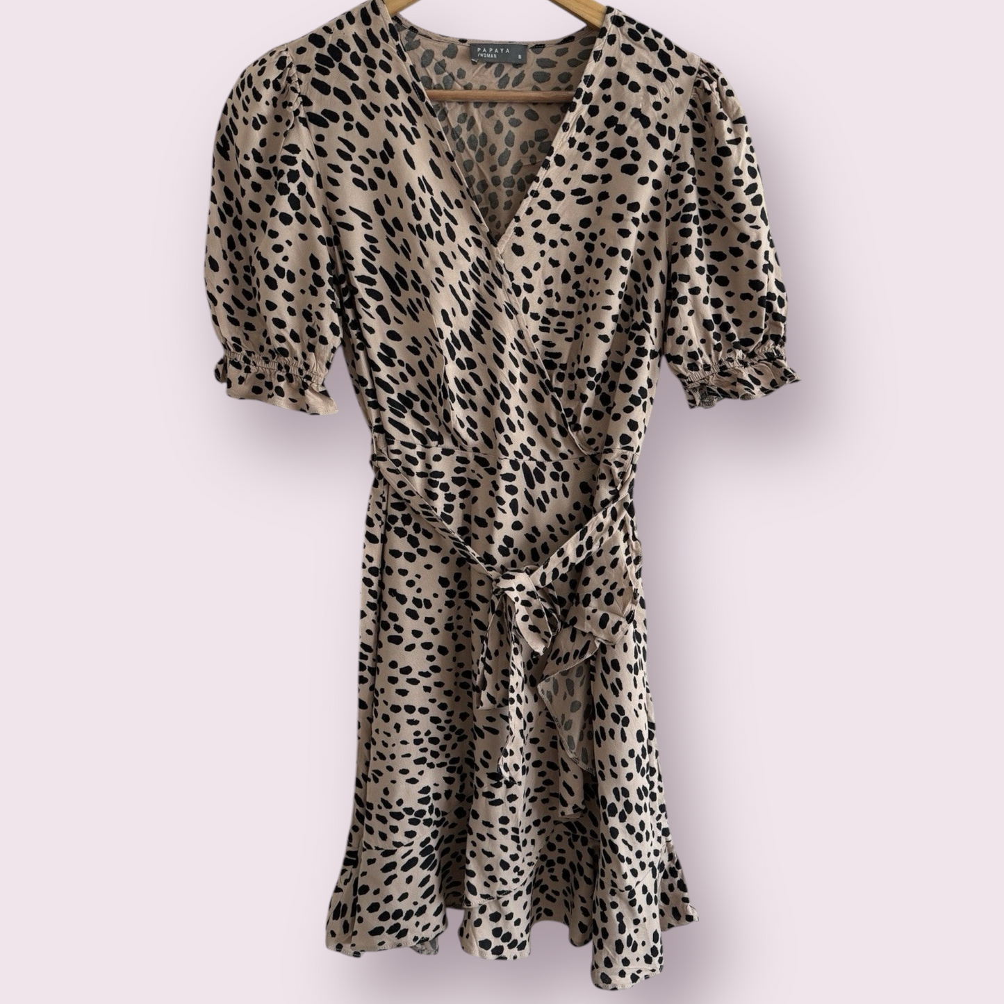 Papaya Natural Animal Print Size 8 UK Short Sleeve Faux Wrap Dress