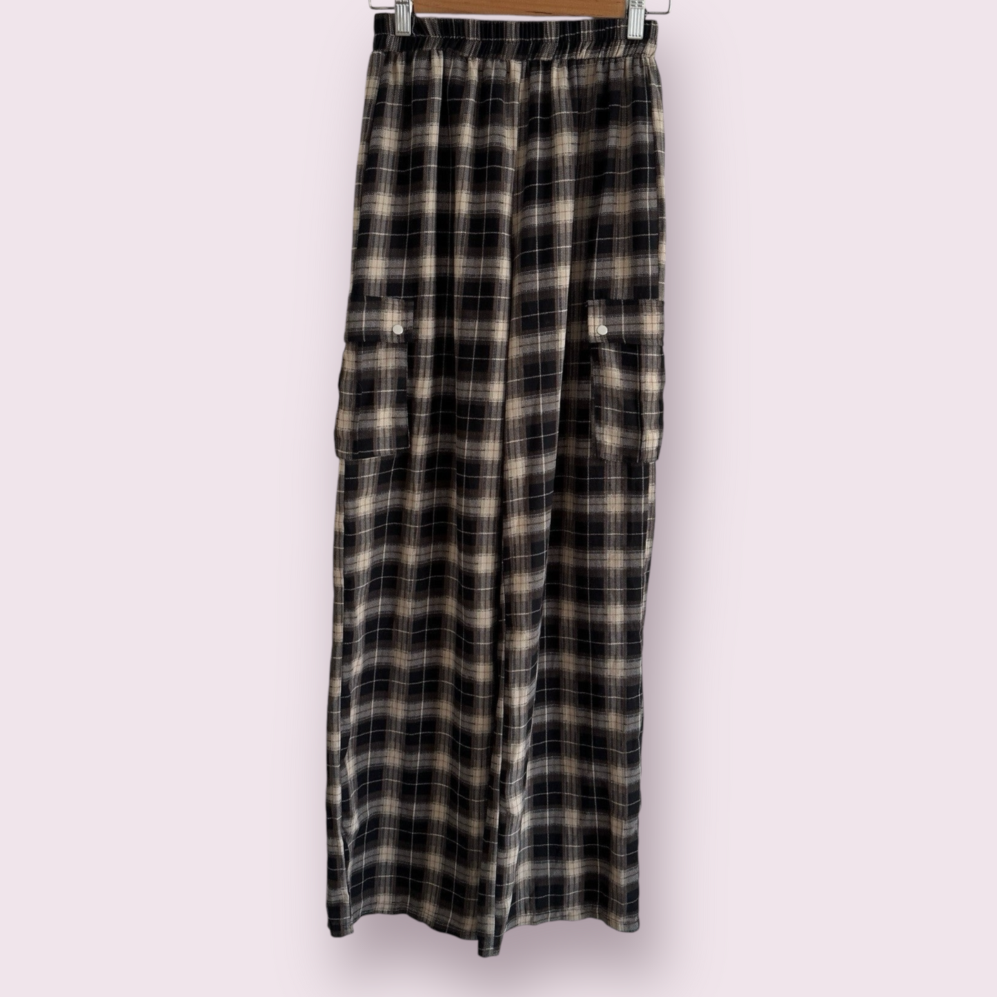 PrettyLittleThing Tartan Mix Check Size 8 UK Pockets Wide Leg Trousers Pull On