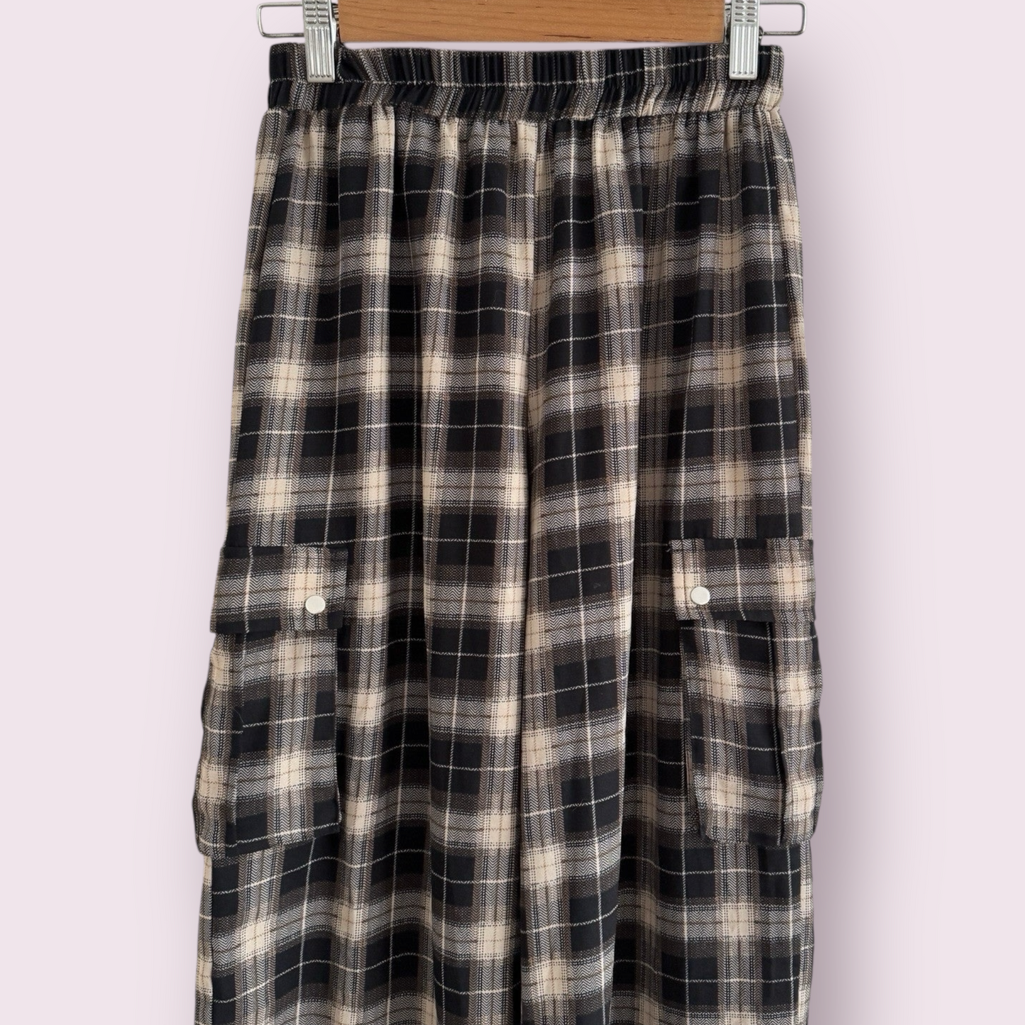 PrettyLittleThing Tartan Mix Check Size 8 UK Pockets Wide Leg Trousers Pull On