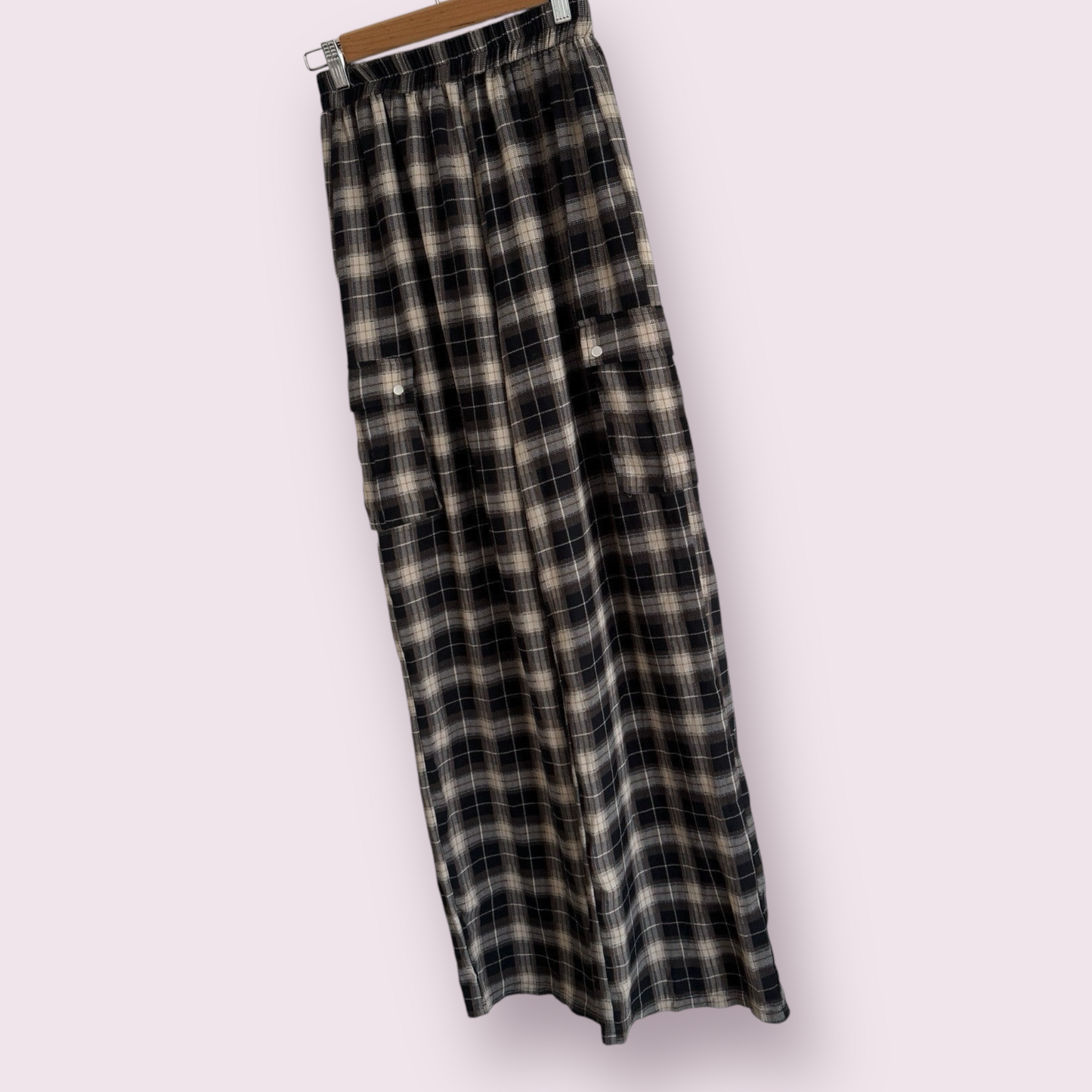 PrettyLittleThing Tartan Mix Check Size 8 UK Pockets Wide Leg Trousers Pull On