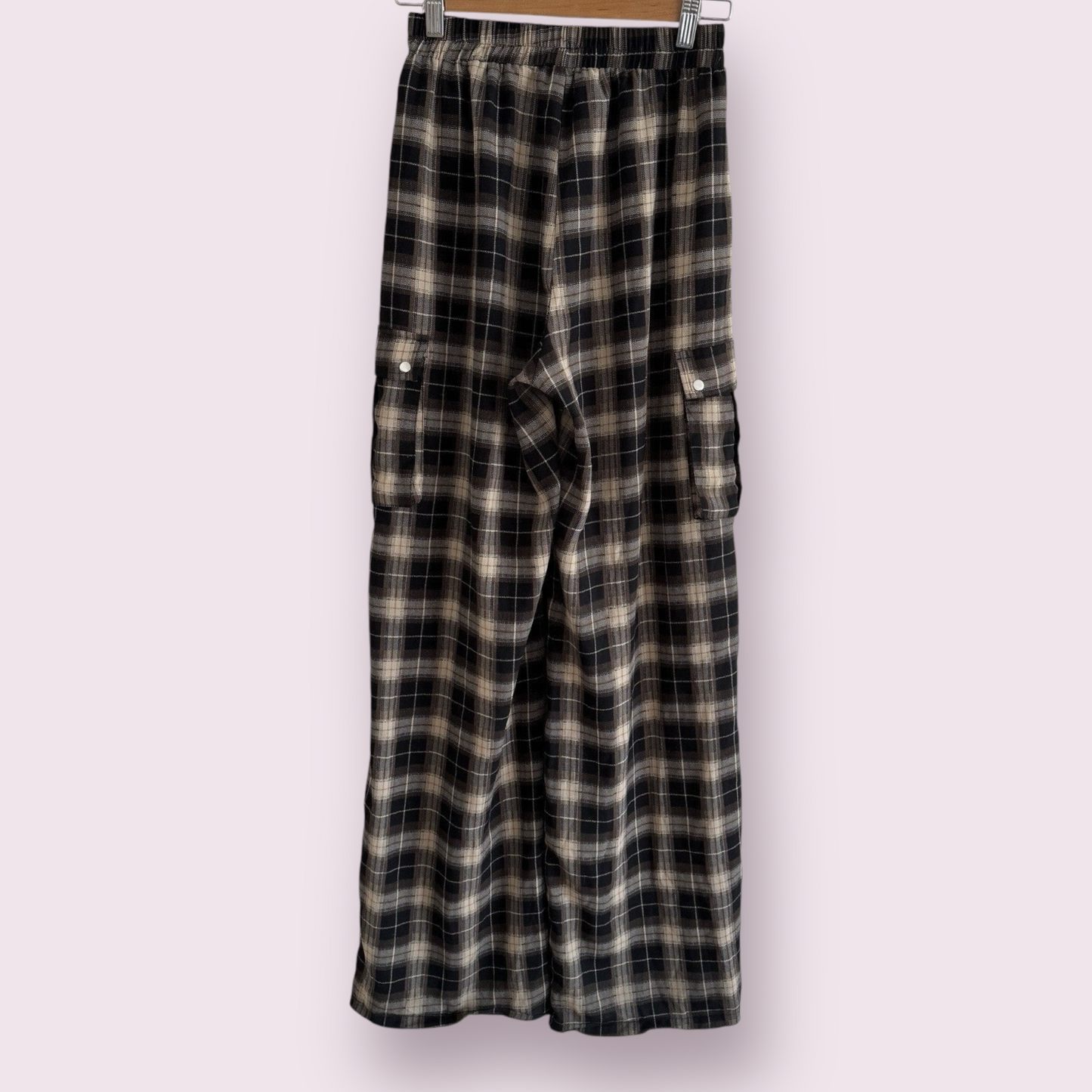 PrettyLittleThing Tartan Mix Check Size 8 UK Pockets Wide Leg Trousers Pull On
