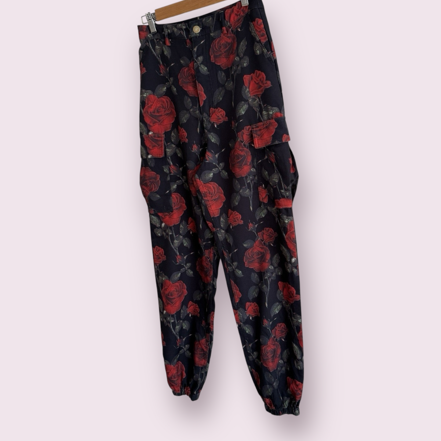 PrettyLittleThing Black Roses Size 8 UK Dark Romance Cuffed Pockets Trousers