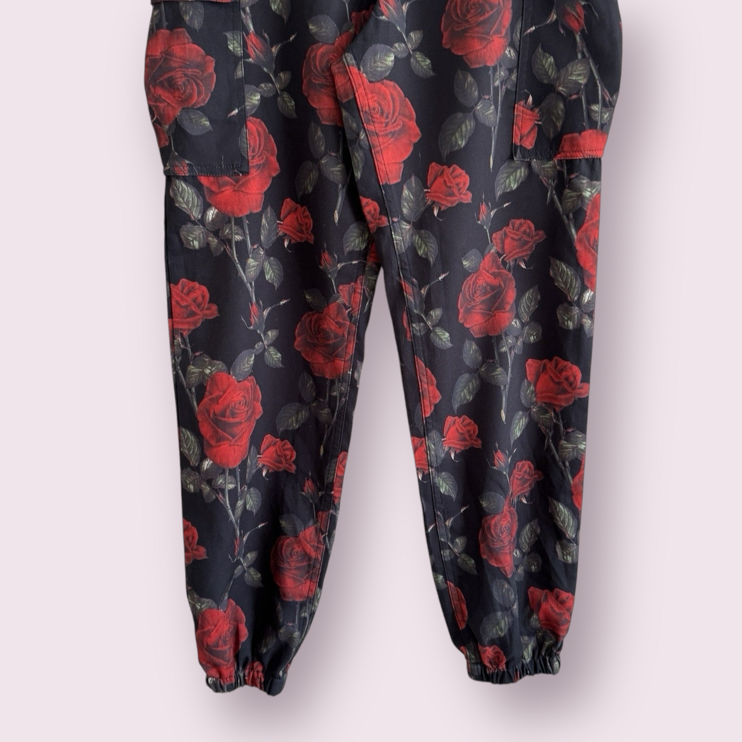 PrettyLittleThing Black Roses Size 8 UK Dark Romance Cuffed Pockets Trousers