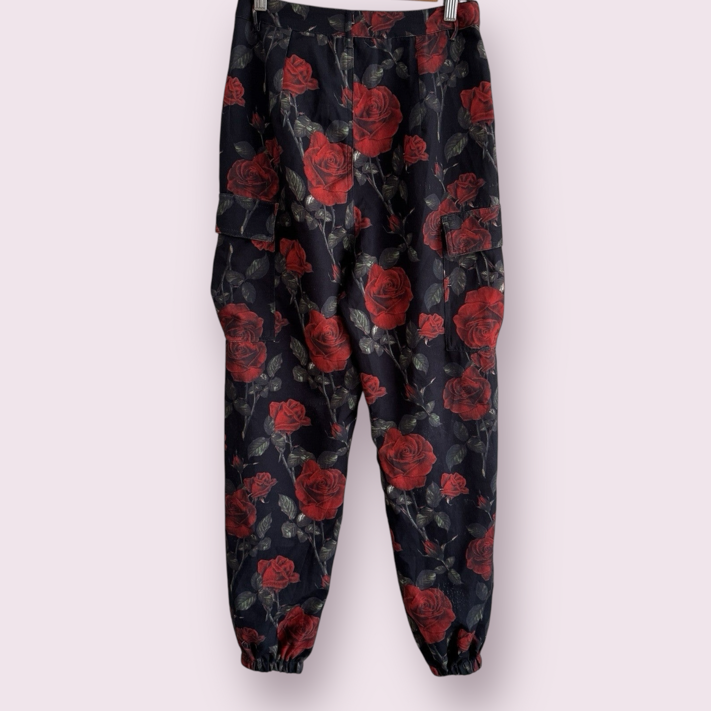 PrettyLittleThing Black Roses Size 8 UK Dark Romance Cuffed Pockets Trousers