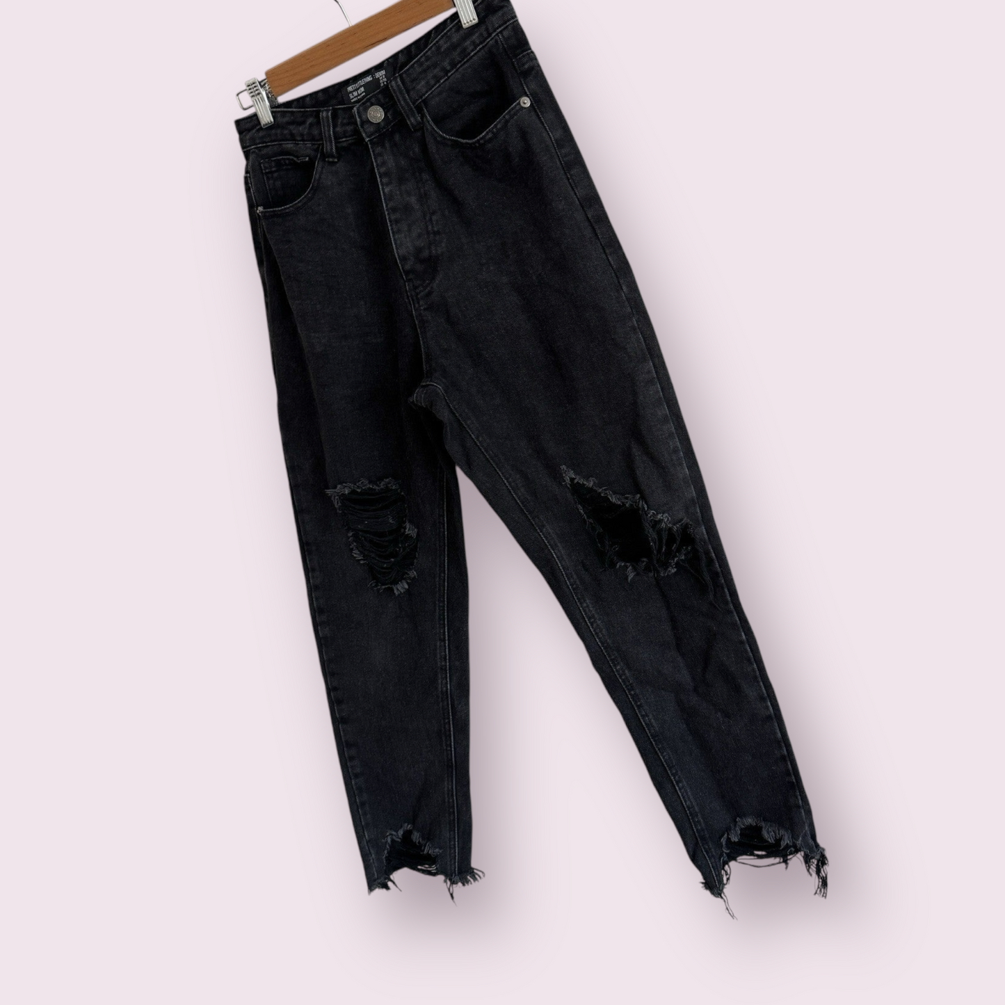 PrettyLittleThing Black Distressed Size 8 UK Slim Mom Jeans Denim