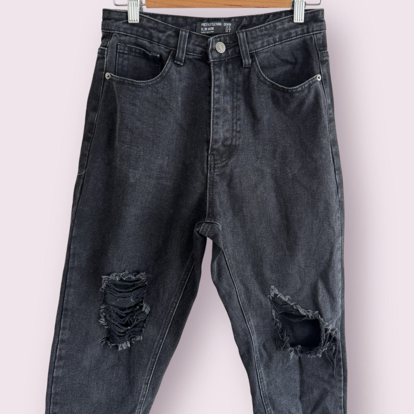 PrettyLittleThing Black Distressed Size 8 UK Slim Mom Jeans Denim