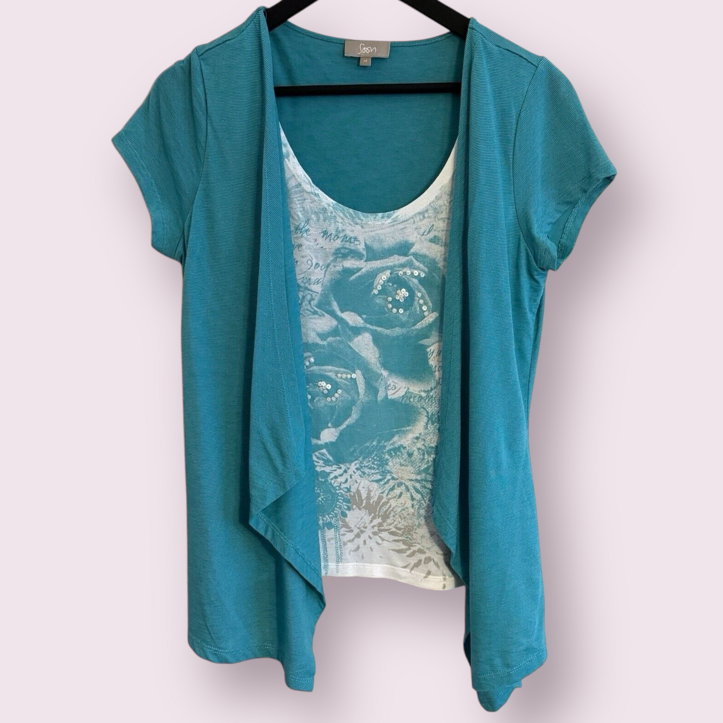 Soon Turquoise Size 14 UK Built In Short Sleeve Cardigan Floral Top