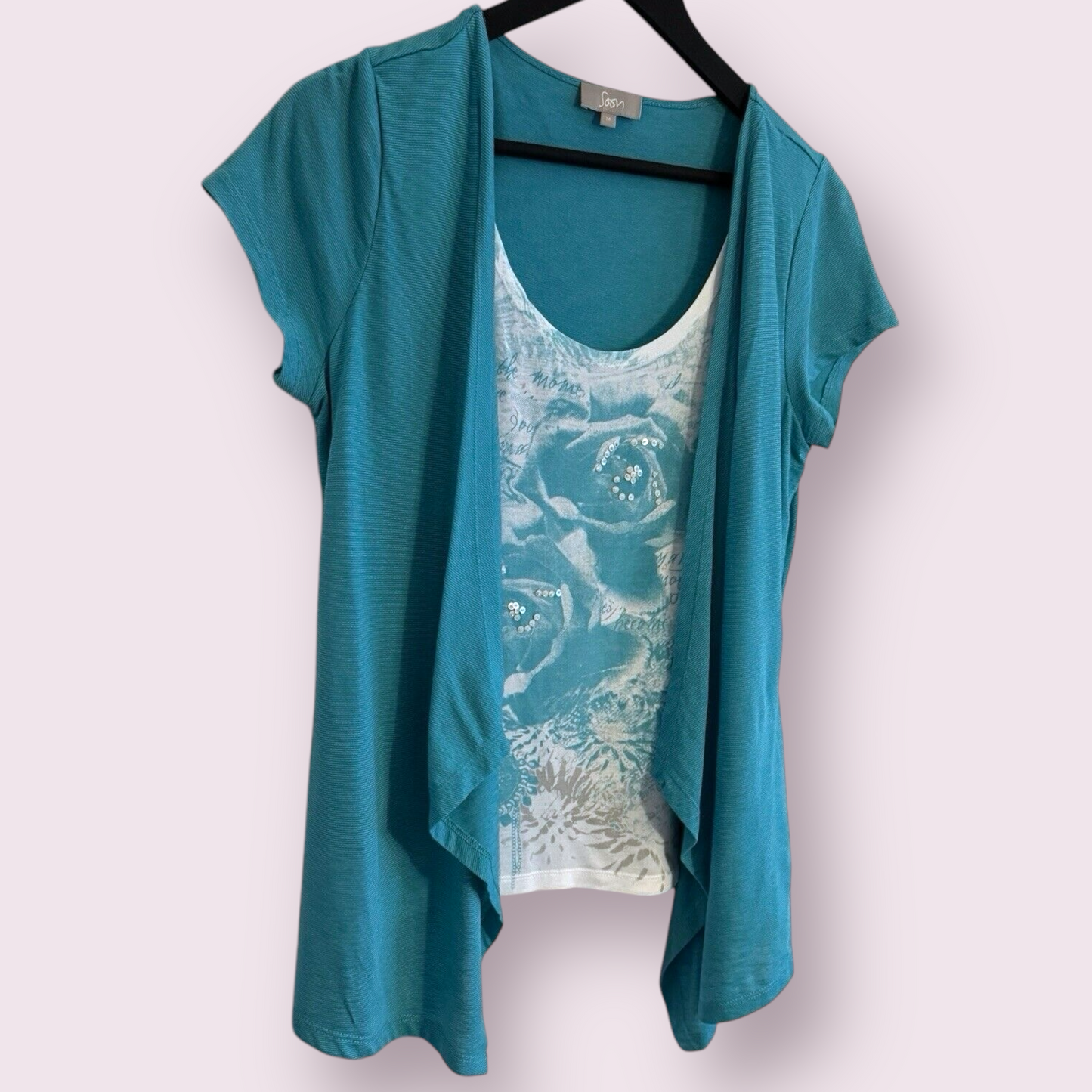 Soon Turquoise Size 14 UK Built In Short Sleeve Cardigan Floral Top