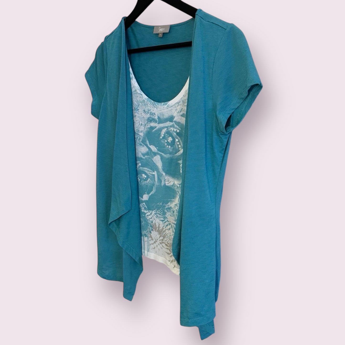 Soon Turquoise Size 14 UK Built In Short Sleeve Cardigan Floral Top