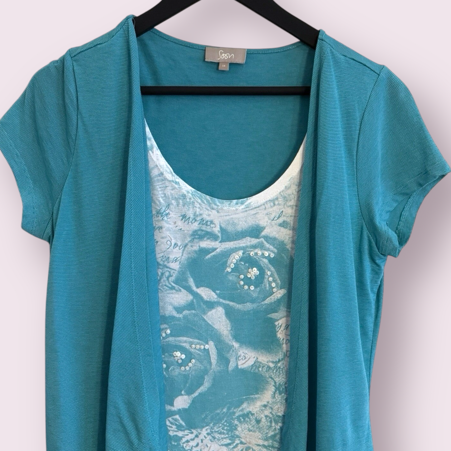 Soon Turquoise Size 14 UK Built In Short Sleeve Cardigan Floral Top