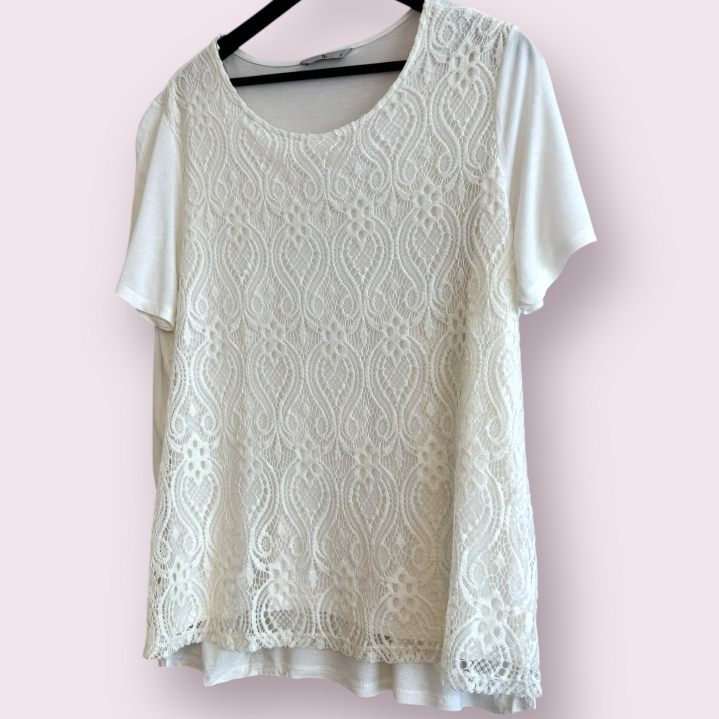 TU Size 22 UK Ivory Lace Short Sleeve Round Neck Layered Top