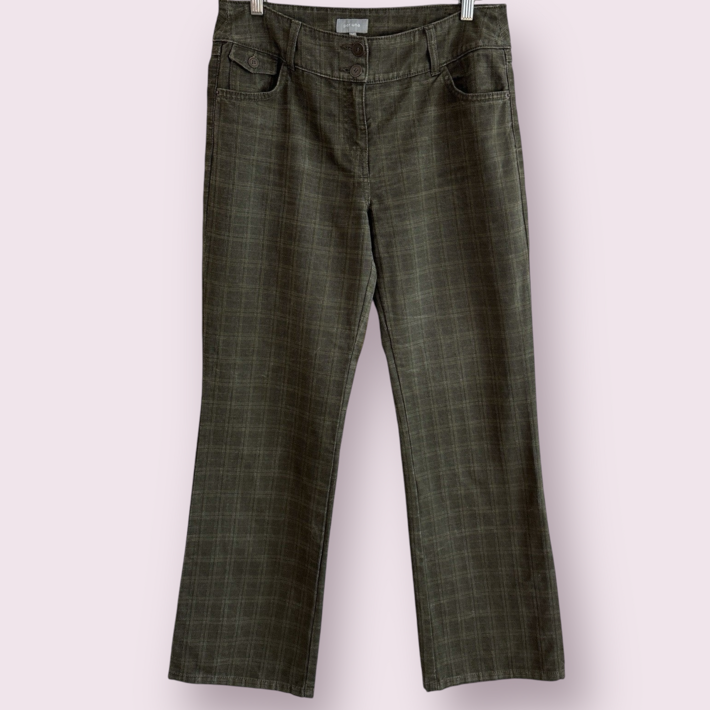Marks & Spencer Per Una Khaki Green Size 14 Long UK Trousers Check Flare