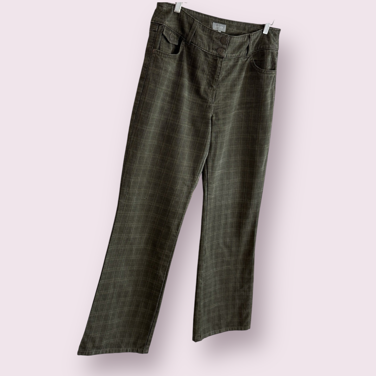 Marks & Spencer Per Una Khaki Green Size 14 Long UK Trousers Check Flare