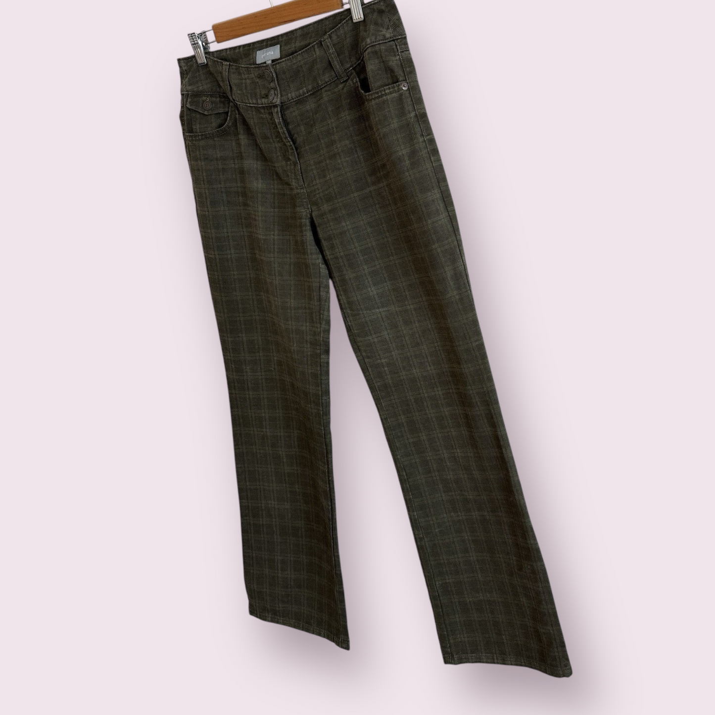 Marks & Spencer Per Una Khaki Green Size 14 Long UK Trousers Check Flare