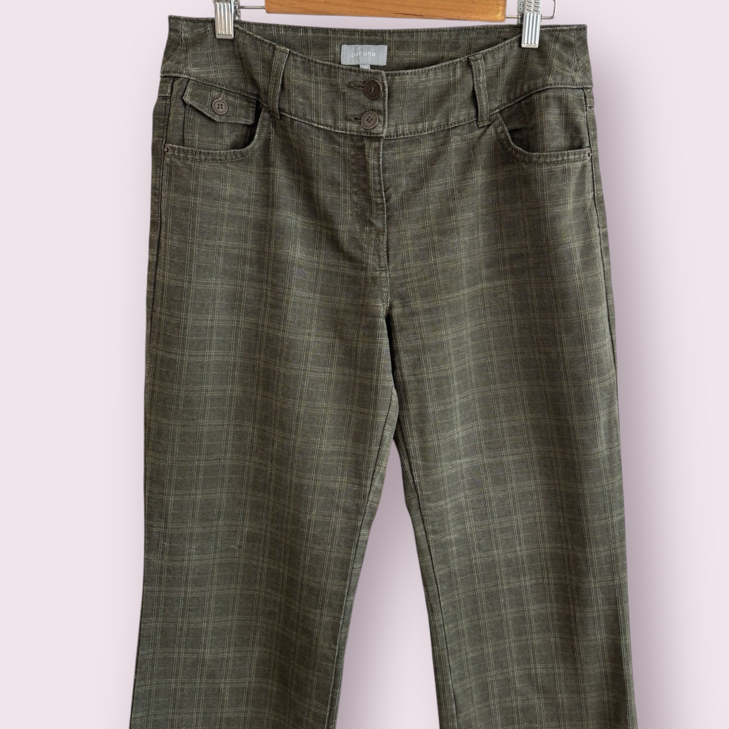 Marks & Spencer Per Una Khaki Green Size 14 Long UK Trousers Check Flare