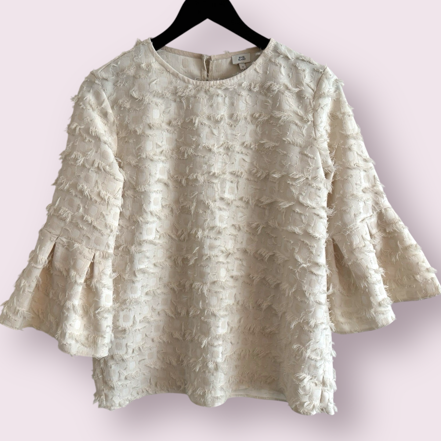 River Island Vanilla Textured Size 10 UK Flare 3/4 Sleeve Flare Hem Top