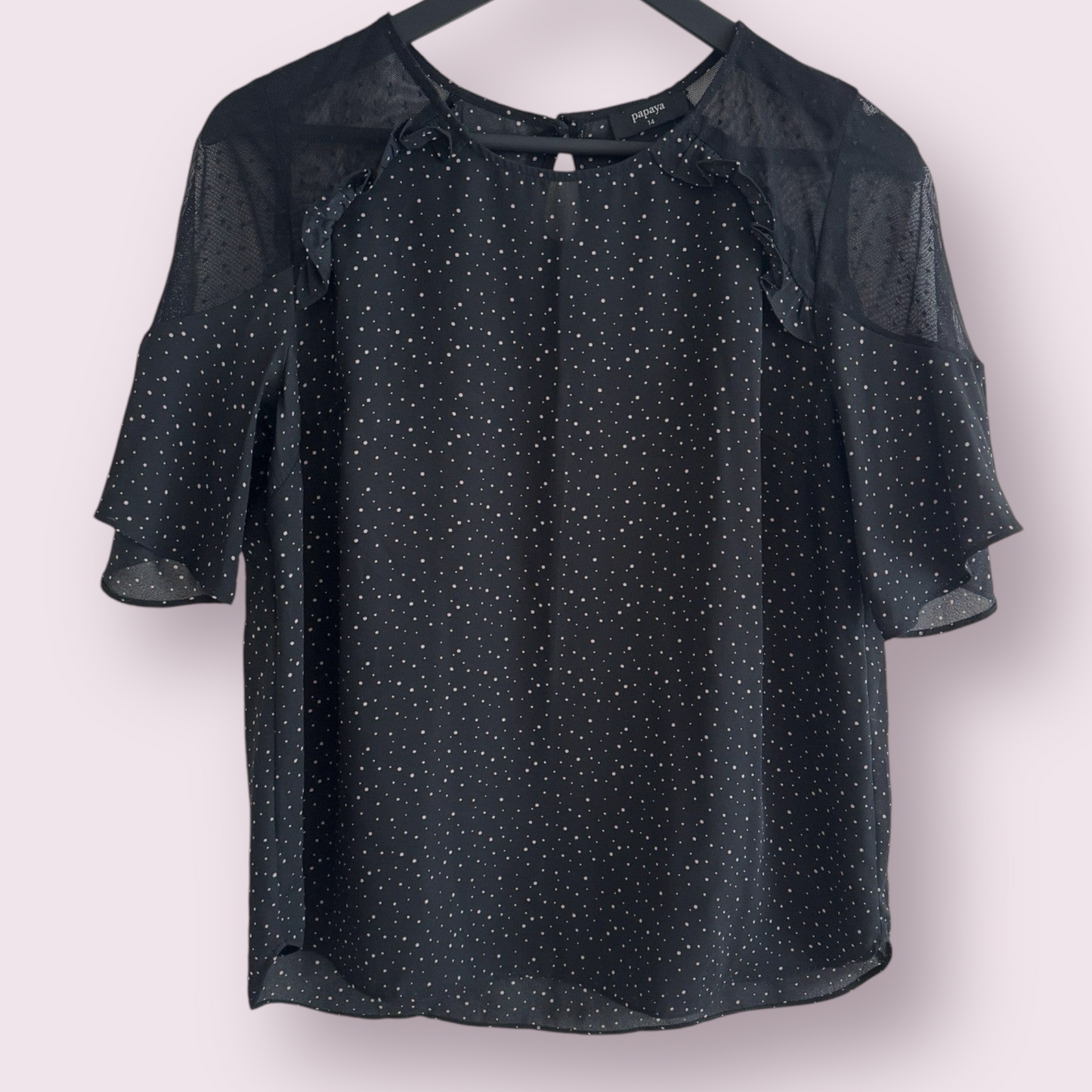 Papaya Black Pink Polka Size 14 UK Short Sleeve Mesh Shoulders Top