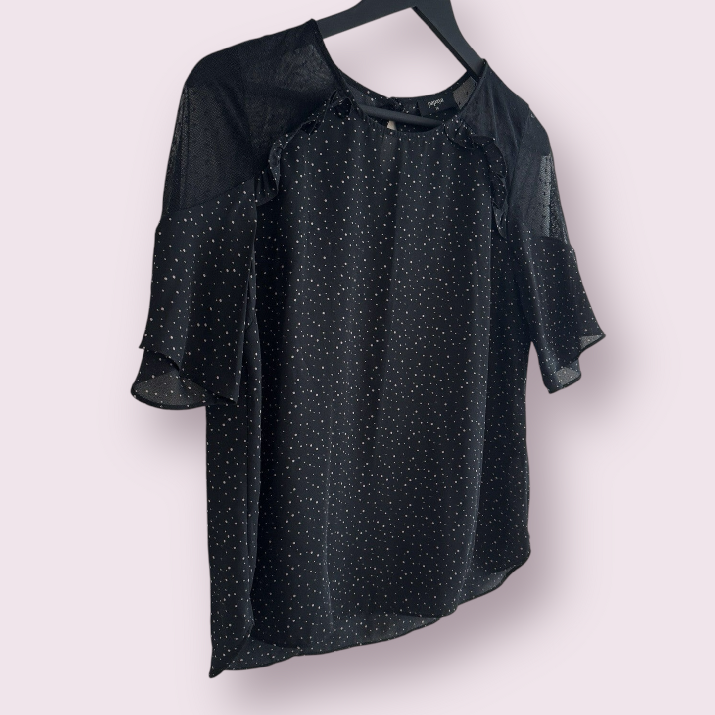 Papaya Black Pink Polka Size 14 UK Short Sleeve Mesh Shoulders Top