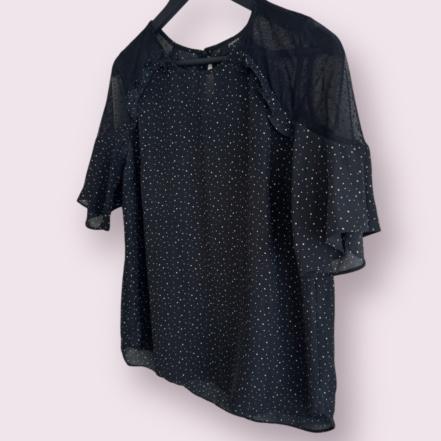 Papaya Black Pink Polka Size 14 UK Short Sleeve Mesh Shoulders Top