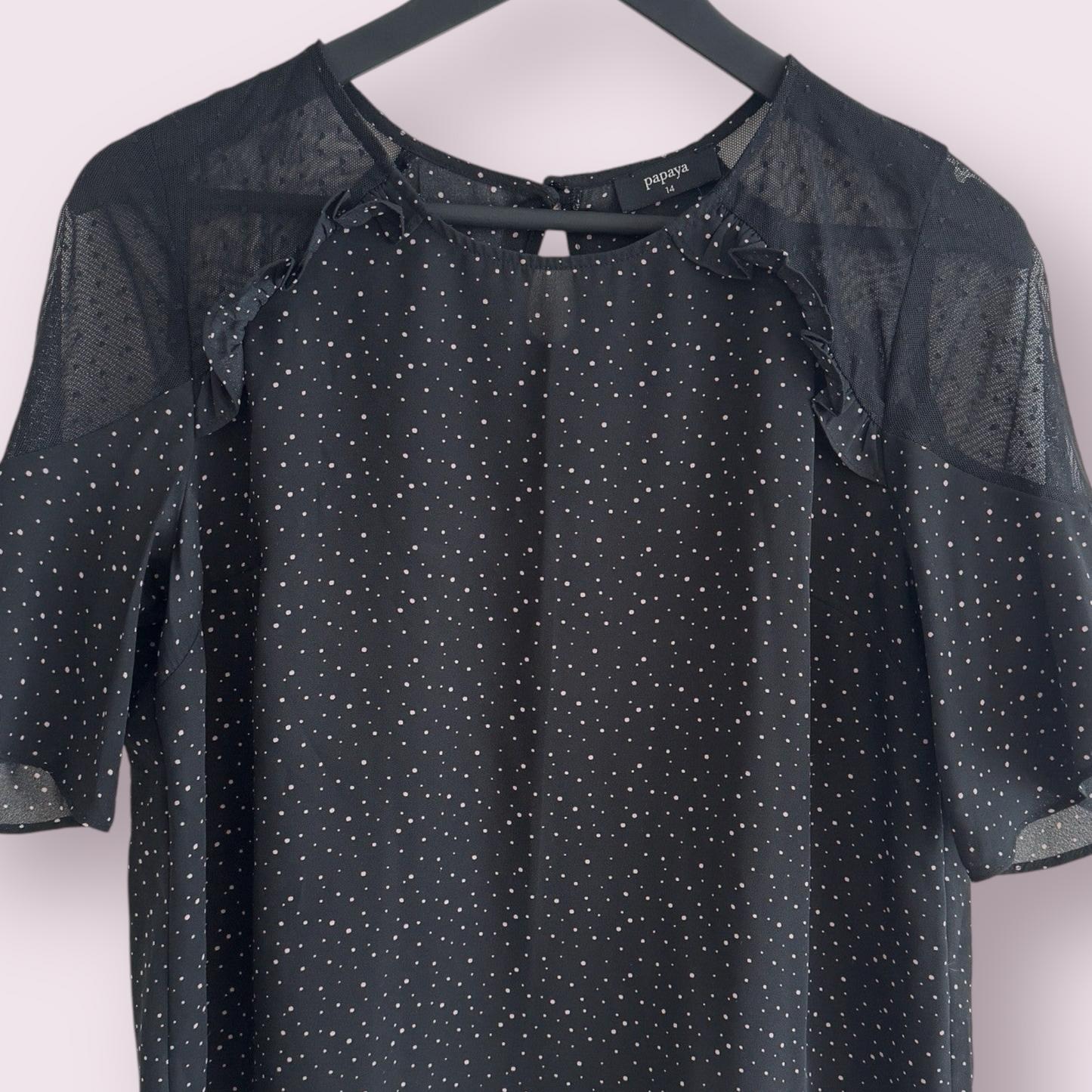 Papaya Black Pink Polka Size 14 UK Short Sleeve Mesh Shoulders Top