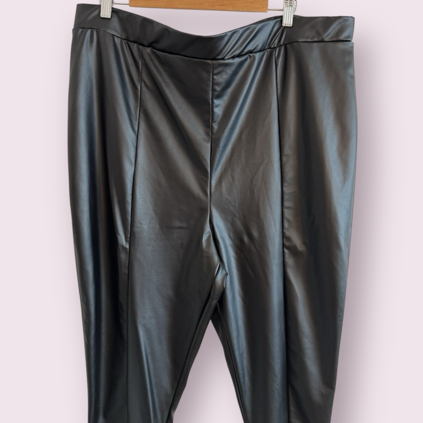 Yours Black Faux Leather Size 24 UK Pull On Trousers Ankle Slits