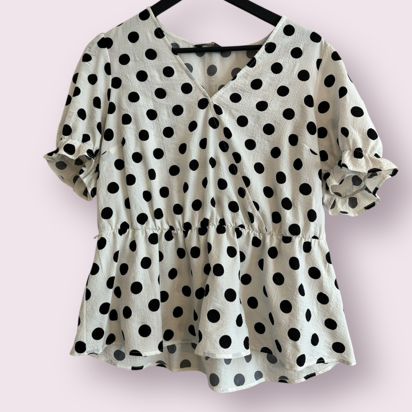 Marks & Spencer Size 14 UK White Polka Dot Short Sleeved Cross V Neck Top