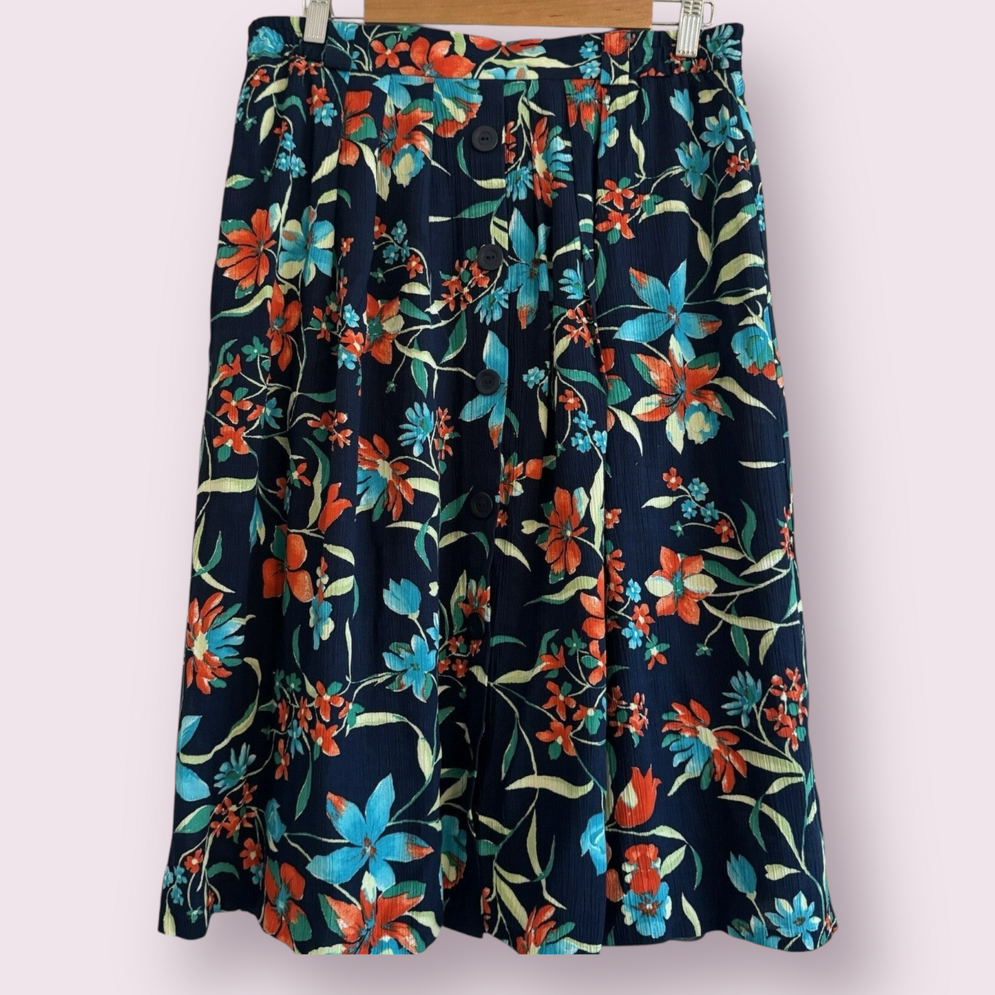 C&A Canda Size 10 UK Pretty Blue Floral Button Down Lined Knee Length Skirt