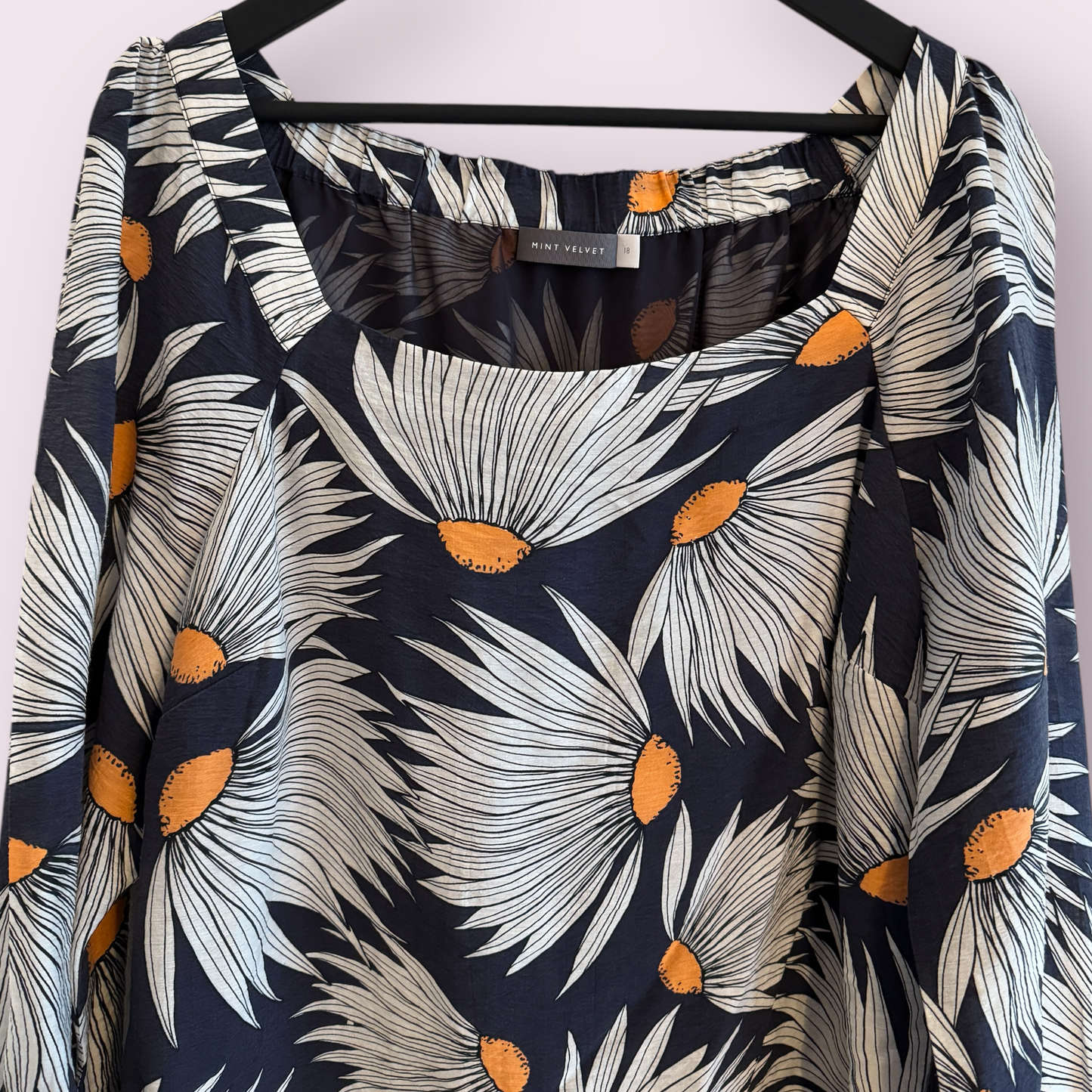 Mint Velvet Dark Blue Size 18 UK Floral Lined Long Sleeve Boat Neck Dress Spring