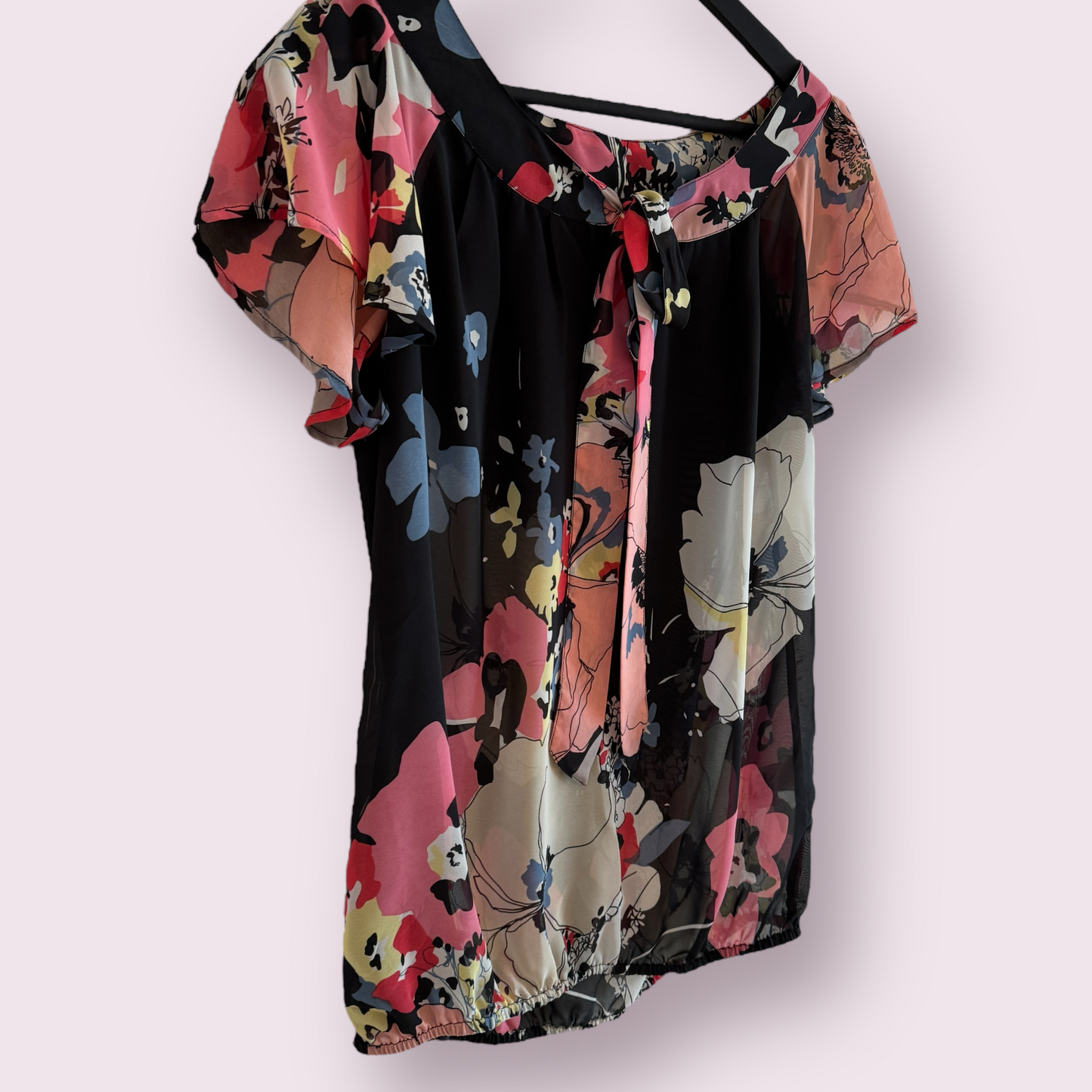 Next Black Multi Floral Size 10 UK Short Sleeve Sheer Pussybow Top