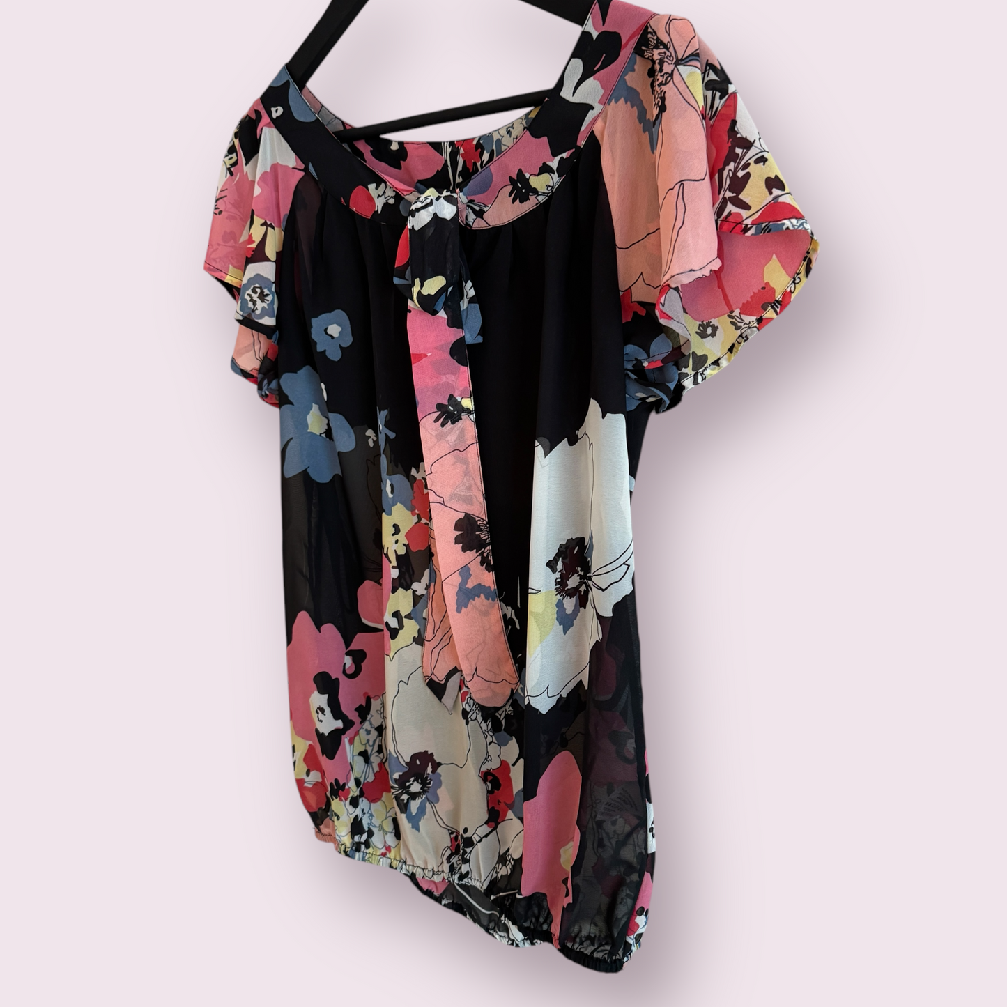 Next Black Multi Floral Size 10 UK Short Sleeve Sheer Pussybow Top