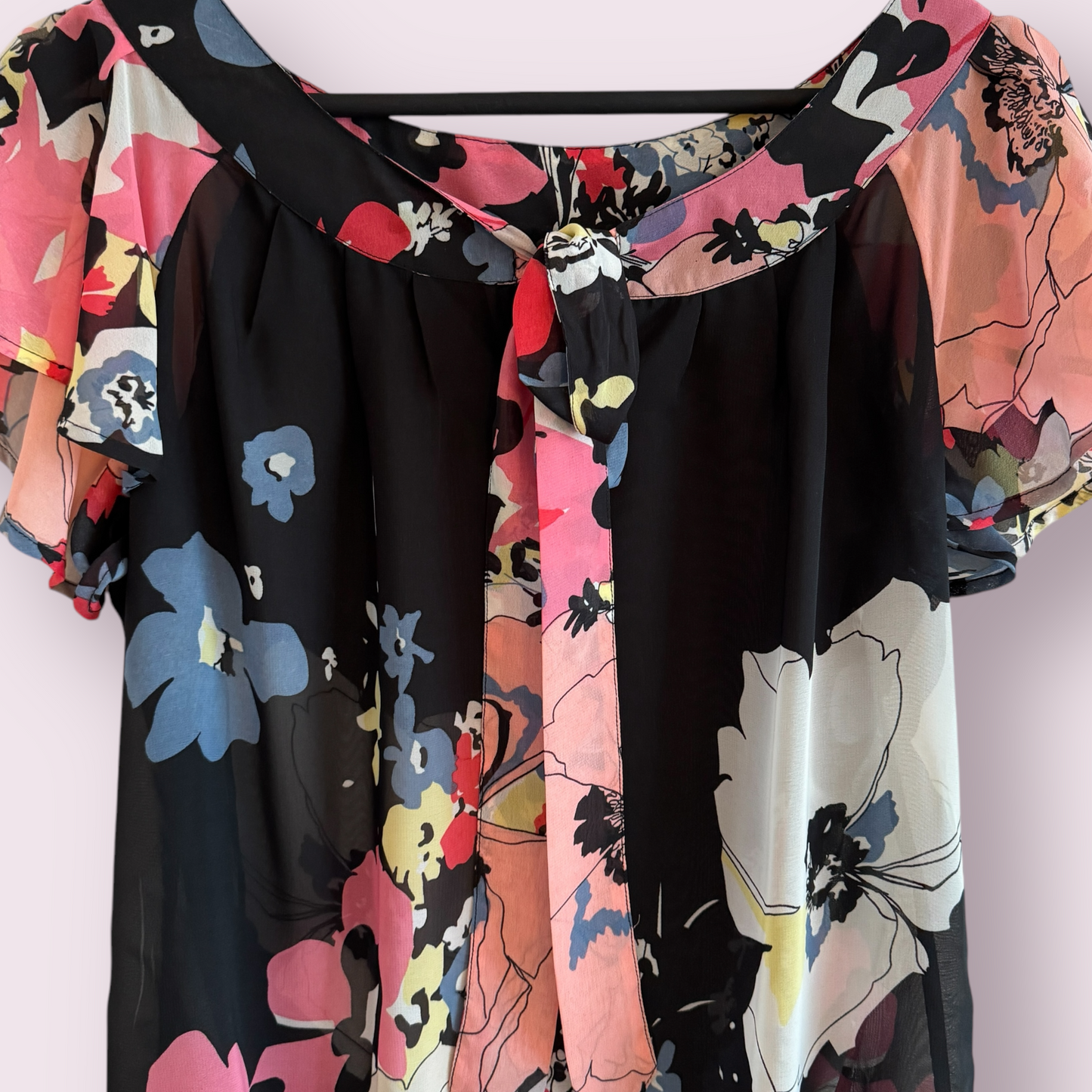 Next Black Multi Floral Size 10 UK Short Sleeve Sheer Pussybow Top