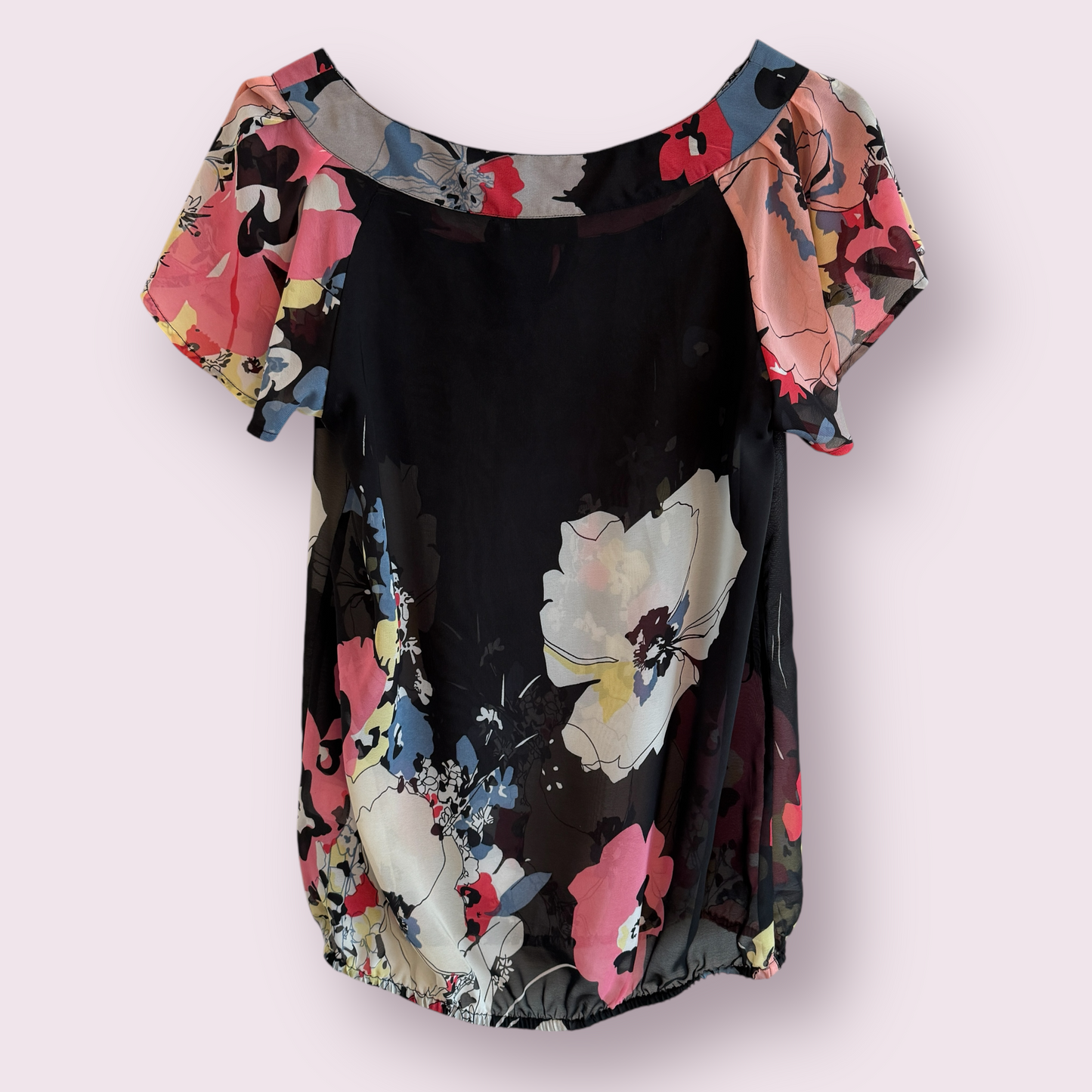 Next Black Multi Floral Size 10 UK Short Sleeve Sheer Pussybow Top