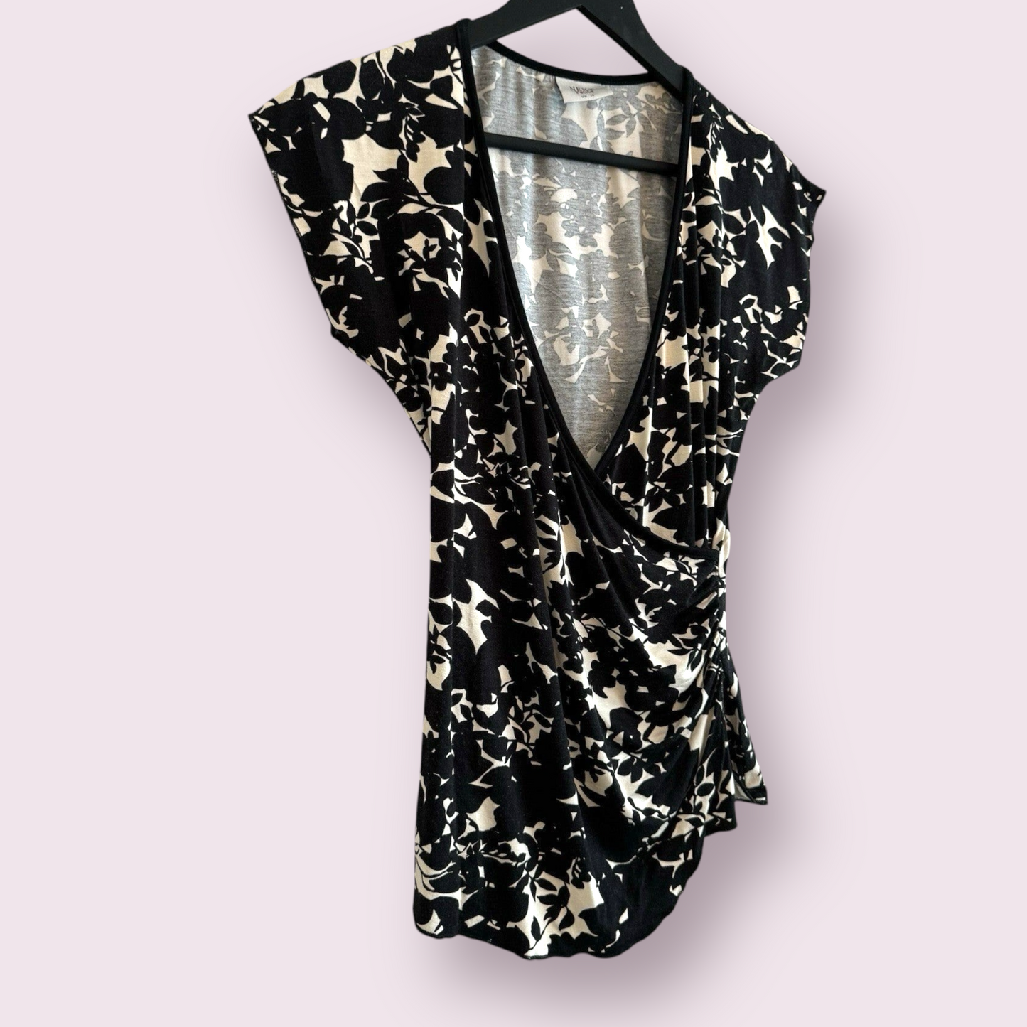 Next Petite Size 10 UK Black Floral Short Sleeved Wrap Ruched V Neck Top