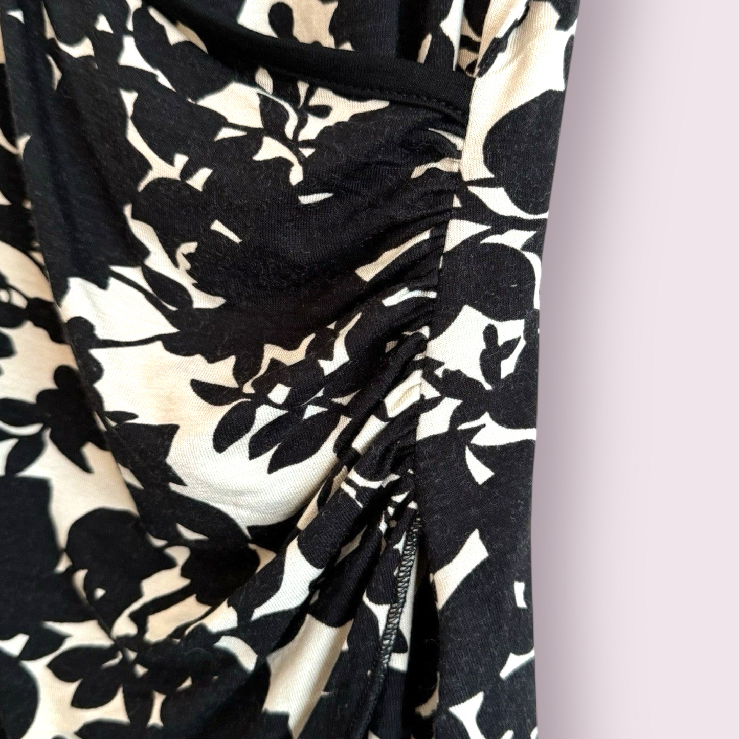 Next Petite Size 10 UK Black Floral Short Sleeved Wrap Ruched V Neck Top