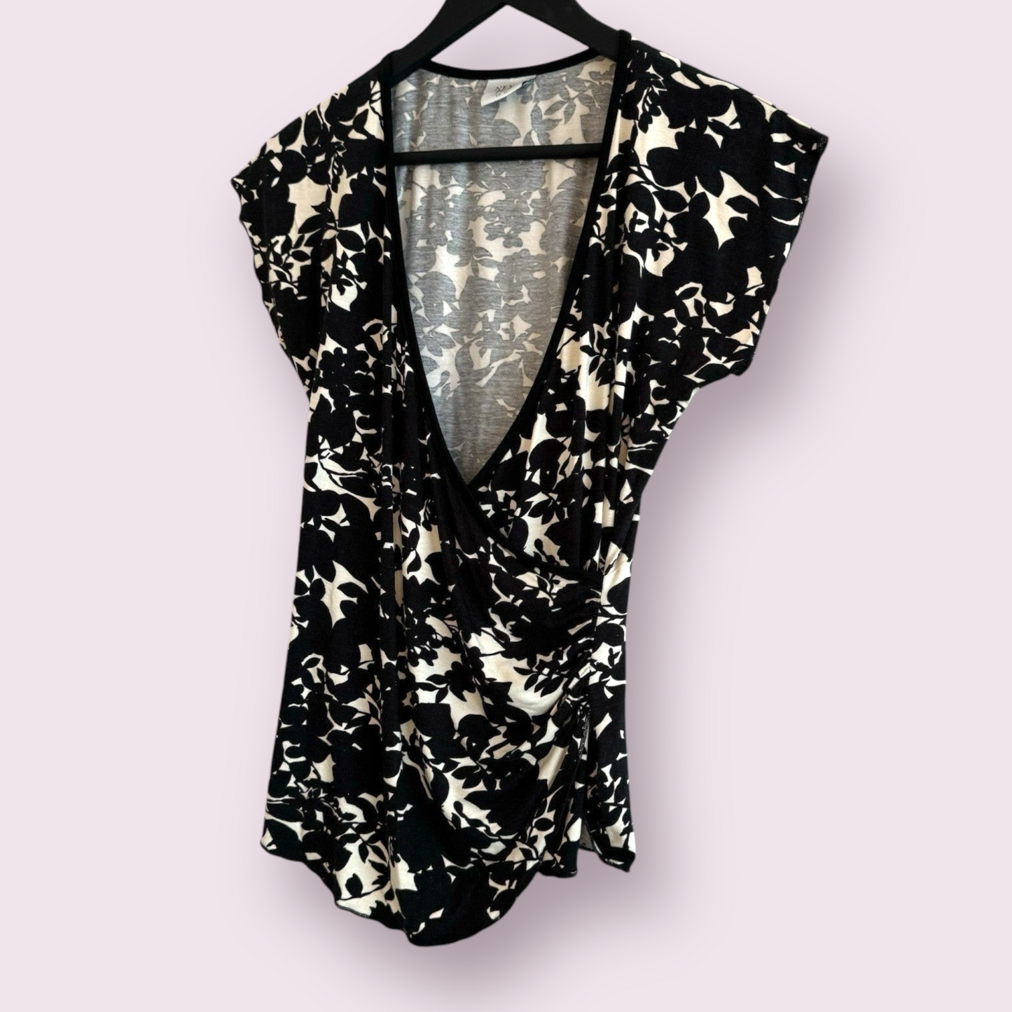 Next Petite Size 10 UK Black Floral Short Sleeved Wrap Ruched V Neck Top