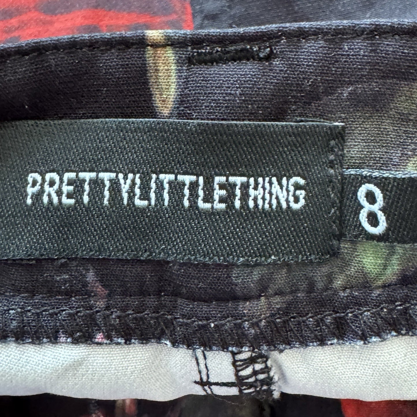 PrettyLittleThing Black Roses Size 8 UK Dark Romance Cuffed Pockets Trousers