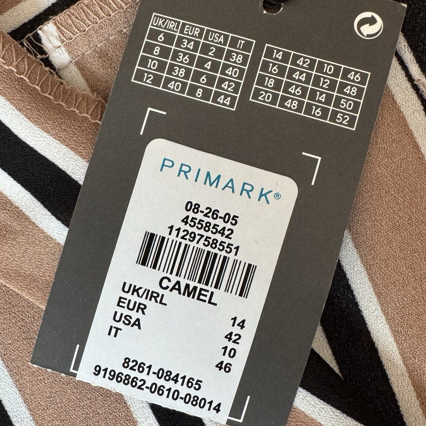 NEW Primark Camel Stripe Size 14 UK Roll Tab Sleeves V-Neck Collar Top
