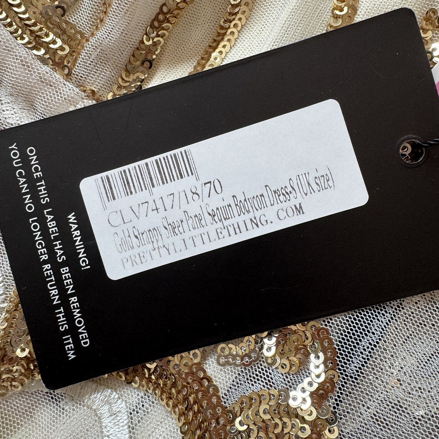 NEW PrettyLittleThing Gold Strappy Size 8 UK Sheer Panel Sequin Bodycon Dress