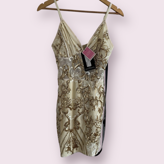 NEW PrettyLittleThing Gold Strappy Size 8 UK Sheer Panel Sequin Bodycon Dress
