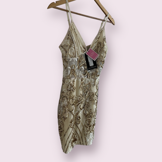 NEW PrettyLittleThing Gold Strappy Size 8 UK Sheer Panel Sequin Bodycon Dress