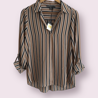 NEW Primark Camel Stripe Size 14 UK Roll Tab Sleeves V-Neck Collar Top
